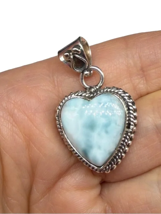 Larimar Heart Shaped Necklace Pendant Solid 925 Sterling Silver - Picture 4 of 5